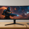 YOGAES 49インチ超ワイドデュアルQHD（5120 x 1440）IPS曲面ゲームディスプレイ、75 Hz、49インチモニター、HDR 400、内蔵スピーカー、USB-C、互換性VESA100*100mm、傾斜と高さ調整可能スタンド、G-SYNC