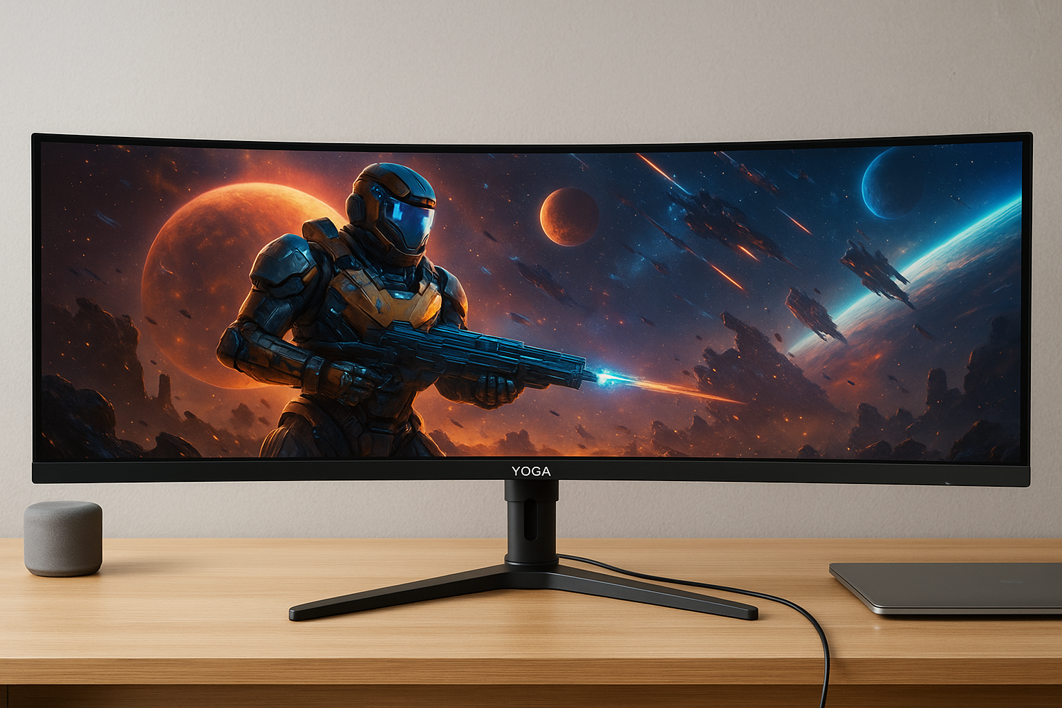 YOGAES 49インチ超ワイドデュアルQHD（5120 x 1440）IPS曲面ゲームディスプレイ、75 Hz、49インチモニター、HDR 400、内蔵スピーカー、USB-C、互換性VESA100*100mm、傾斜と高さ調整可能スタンド、G-SYNC