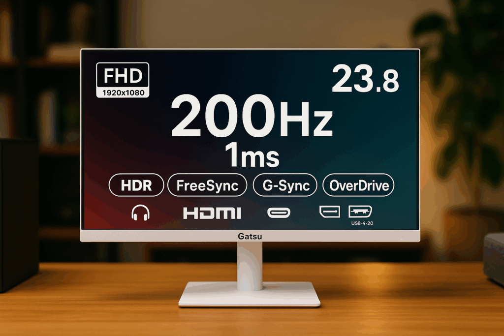 Gatsu ゲーミングモニター 白 23.8インチ 200Hz 1ms Fast HVAパネル FHD 200Hz/180Hz/165Hz/144Hz ps5/switch/xbox対応 パソコン モニター pcモニター ホワイト 2mm狭額縁 HDR/FreeSync(VRR)/G-Sync/OverDrive/チルト/スピーカー内蔵 イヤホン/HDMI/DP/USB-A2.0(スマホ充電可能)