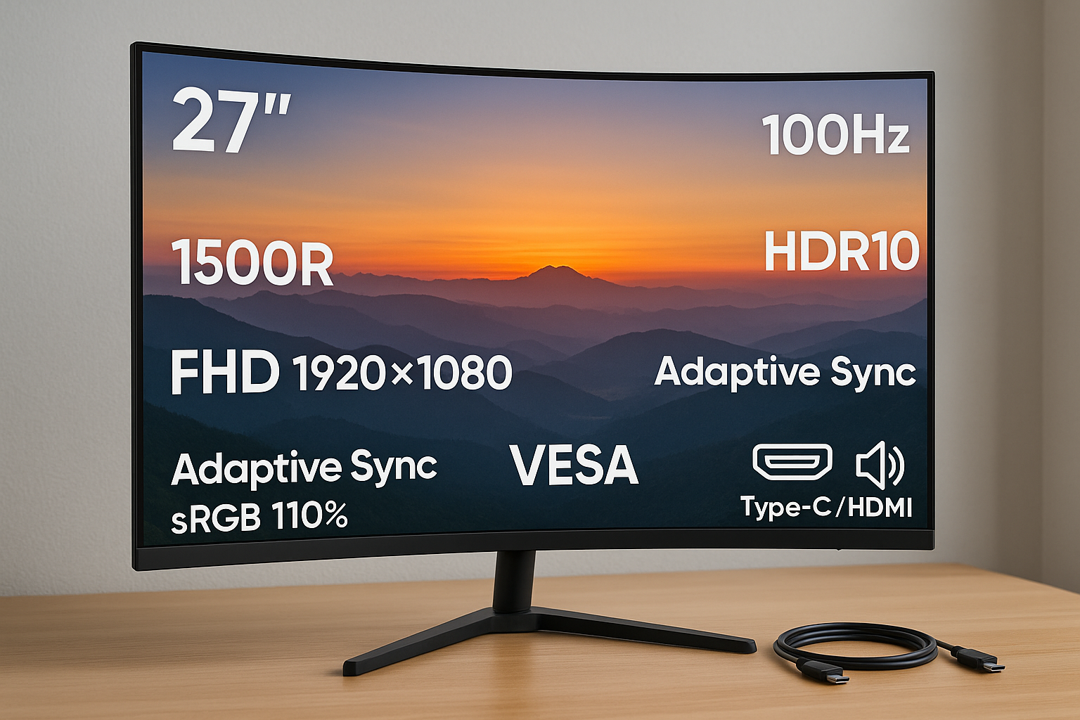 Minifire曲面 モニター27インチ USB-C 100Hz 1500Rの湾曲率 FHD 1920×1080 HDR10 Adaptive Sync sRGB 110% VESA対応 フレームレス Type-C/HDMI スピーカー内蔵(HDMI/USB Type-Cケーブル付き-MF27C1）