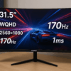 KOORUI 31.5インチ湾曲ゲーミングモニター 170Hz 1ms WQHD 1500R湾曲VAパネル ウルトラワイド/スリム HDMI DisplayPort チルト調整可能 2560x1080 アイケア ブラック GA01