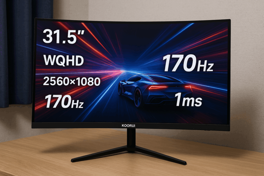 KOORUI 31.5インチ湾曲ゲーミングモニター 170Hz 1ms WQHD 1500R湾曲VAパネル ウルトラワイド/スリム HDMI DisplayPort チルト調整可能 2560x1080 アイケア ブラック GA01