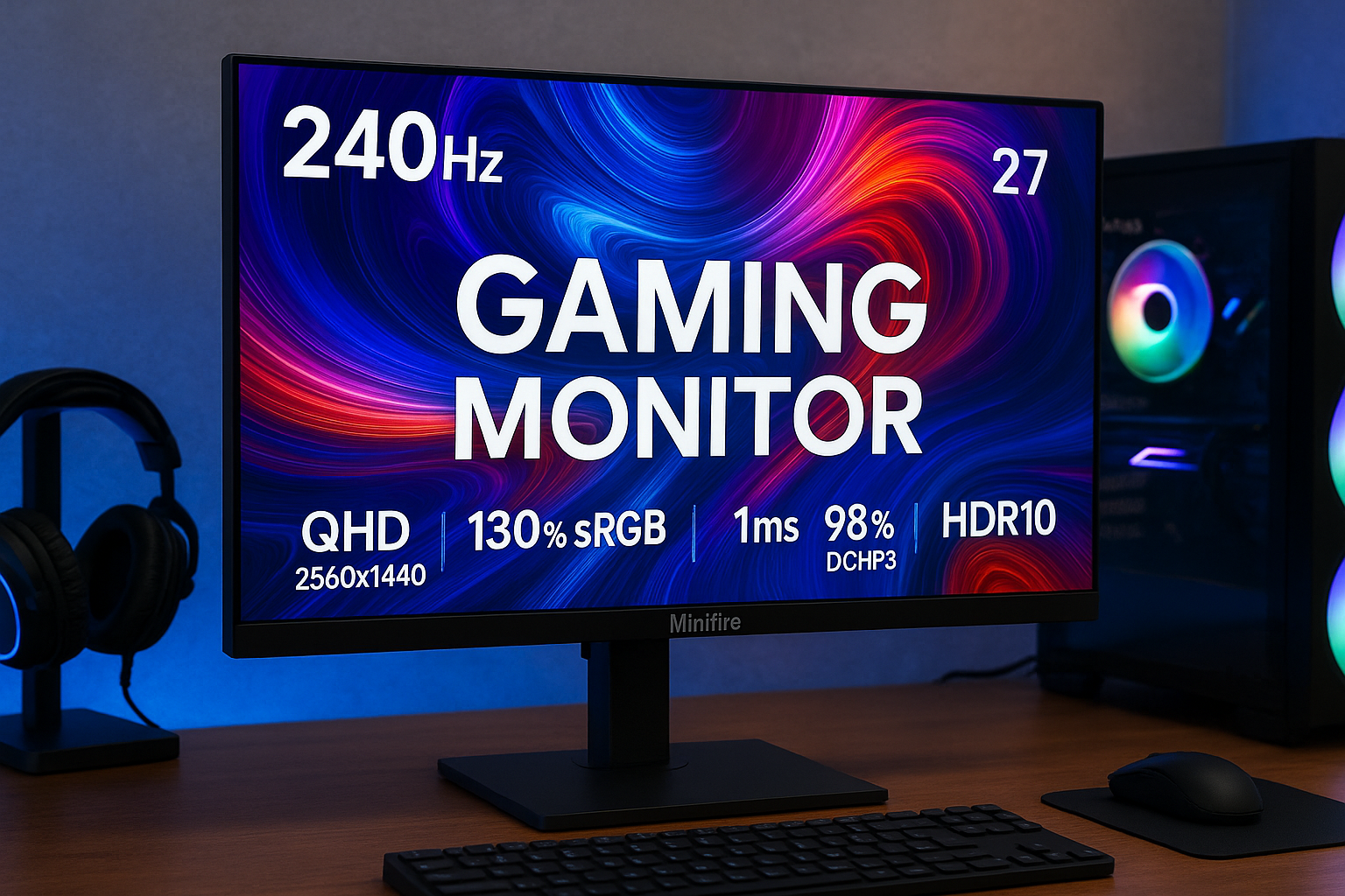 Minifire ゲーミングモニター 27インチ 最大240Hz QHD(2560x1440) 130% sRGB 1MS 1.07B(10bit) IPS 98% DCI-P3 高さ調節可能、スイーベル 320cd/m² HDR10 Adaptive Sync スピーカー内蔵 USB DP1.4 HDMIポート (DP HDMIケーブル付属、MFG27F6Q Pro)