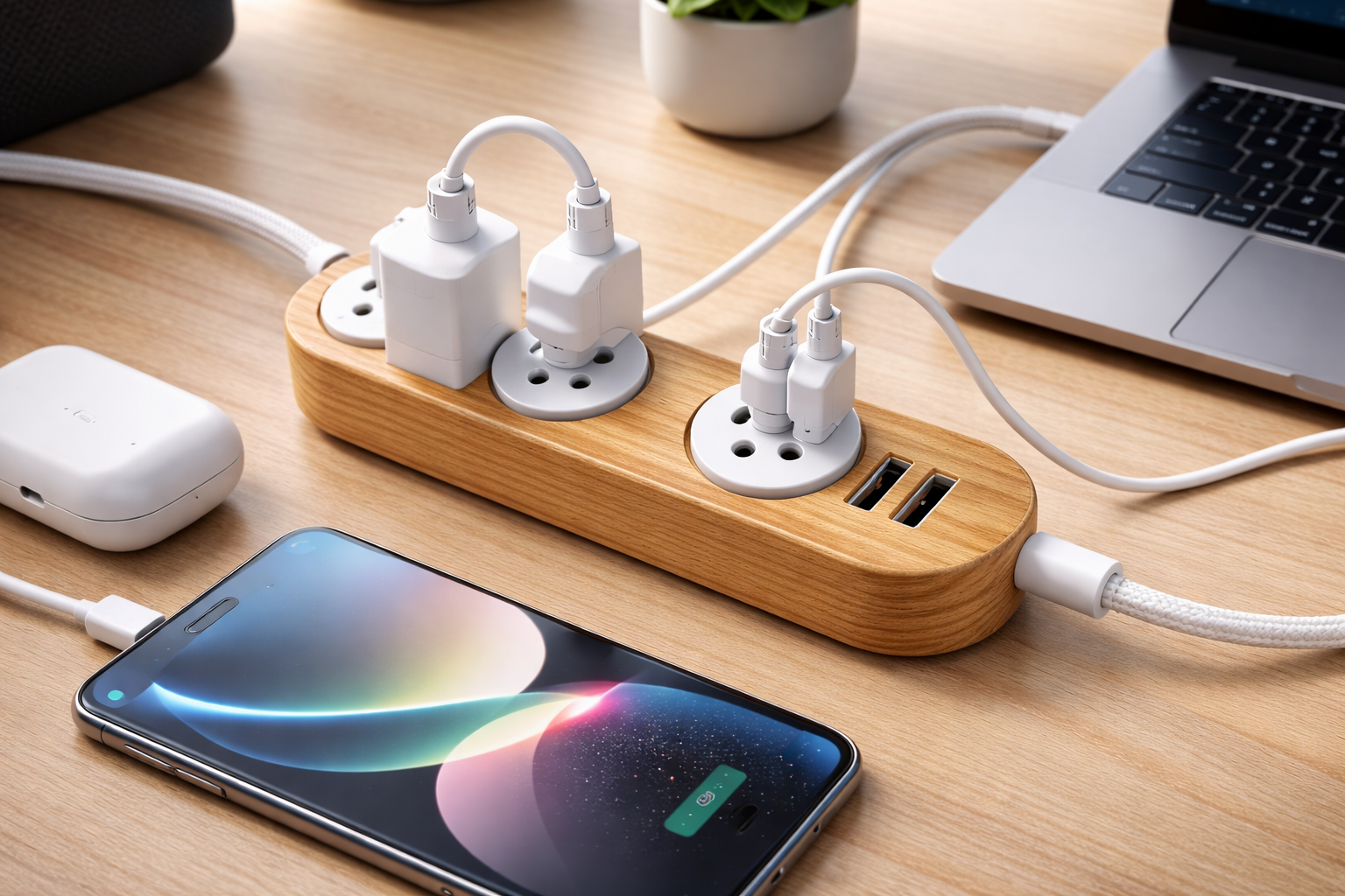 MSCIEN 電源タップ コンセント USB付き タイプC 木目 回転 3個AC差込口 1個USB-Cポート 2個USB-Aポート たこあしコンセント 向き変換 分岐 薄型 コンパクト 雷ガード