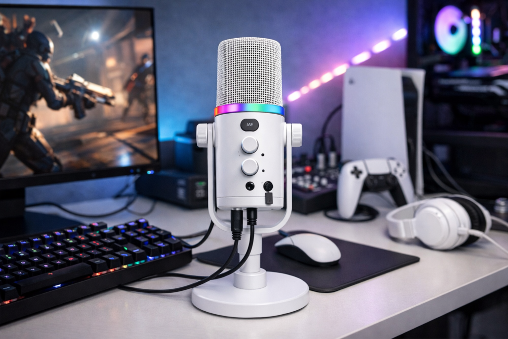 FIFINE USB/XLRスタンドアロンマイク テレワーク ストリーマー ゲーマー コンテンツクリエイター向け 単一指向性 ダイナミックマイク PC/PS4/PS5/サウンドカード/ミキサー/オーディオインターフェース対応可能 ミュートボタン RGBイルミネーションスイッチ 入力/出力音量調節 ヘッドフォン端子付き 白 AmpliGame AM8W