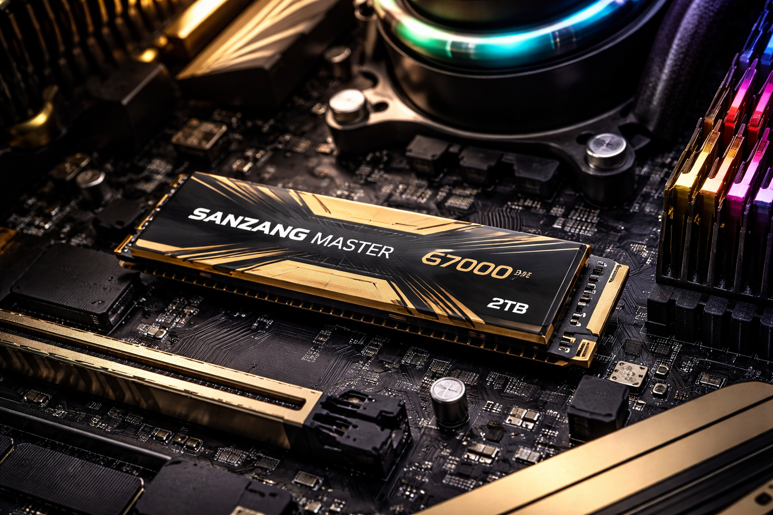 SANZANG MASTER S7000 SSD 2TB NVMe M.2 PCIe Gen 4x4、M.2 2280 3D NAND NVMe内蔵SSD 最大読み取り速度7000MB/s 書き込み速度 6500MB/s PCパソコン、ノートパソコンのアップグレードストレージ (ヒートシンク付き) (ゴールドとブラック, 2, TB)