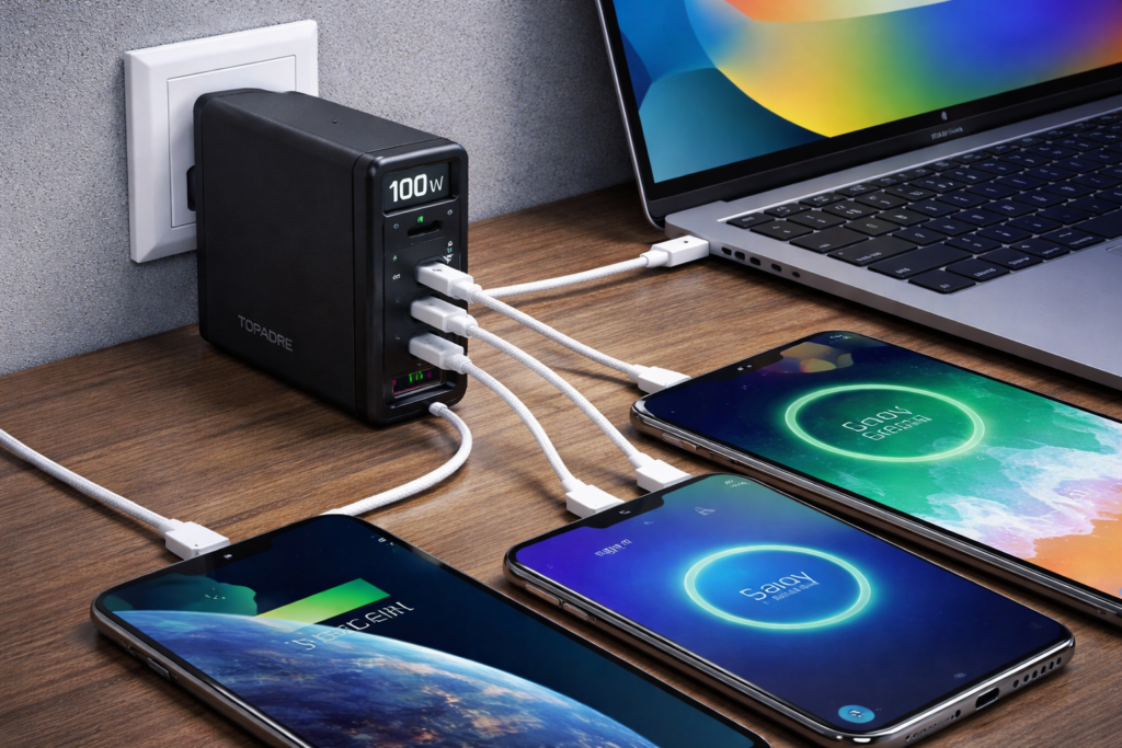 TOPADRE PD 100w 充電器 Type-C 4ポート USB充電器 100W急速充電 【GaN技術/PSE技術基準適合/PD3.0/QC4.0/PPS】 4台同時充電対応 MacBook/iPad/Windows ノートPC/iPhone/Android/Galaxy S24などデバイス対応