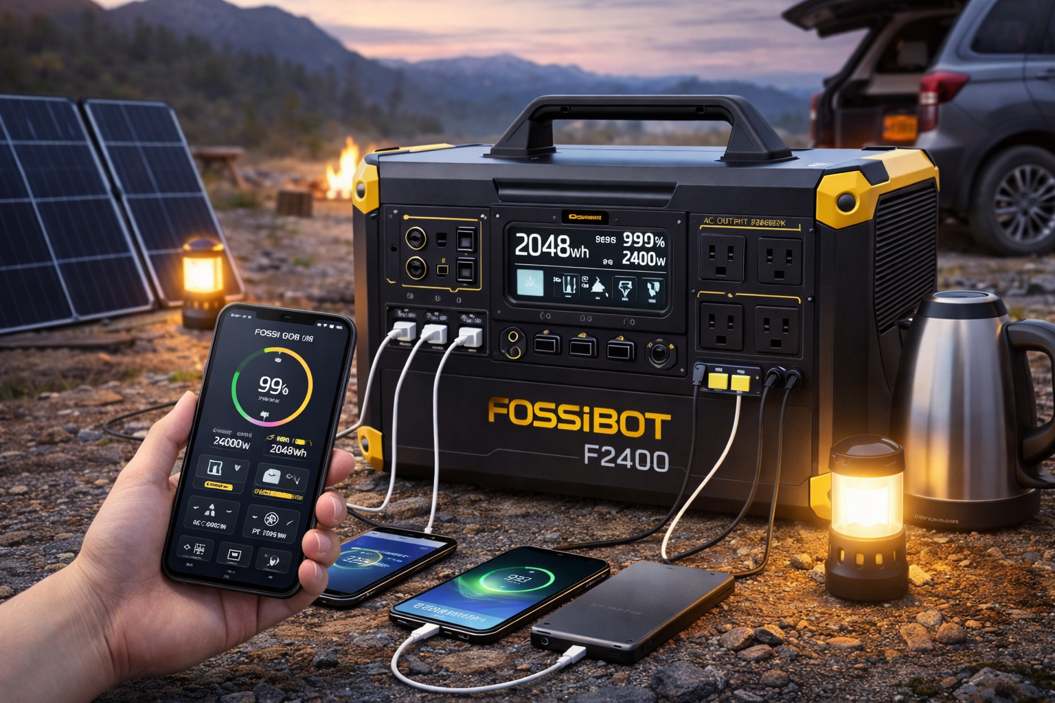 FOSSiBOT F2400 ポータブル電源 大容量 長寿命15年 リン酸鉄 ポータブルバッテリー APP遠隔操作 1.5時間満充電 640000mAh/2048Wh UPS機能 AC2400W 瞬間最大4800W/DC/USB/XT60出力16台同時充電 パススルー 家庭アウトドア両用 蓄電池 節電停電対策 車中泊 静音設計 非常用電源 防災推奨 AC100V 50Hz/60Hz