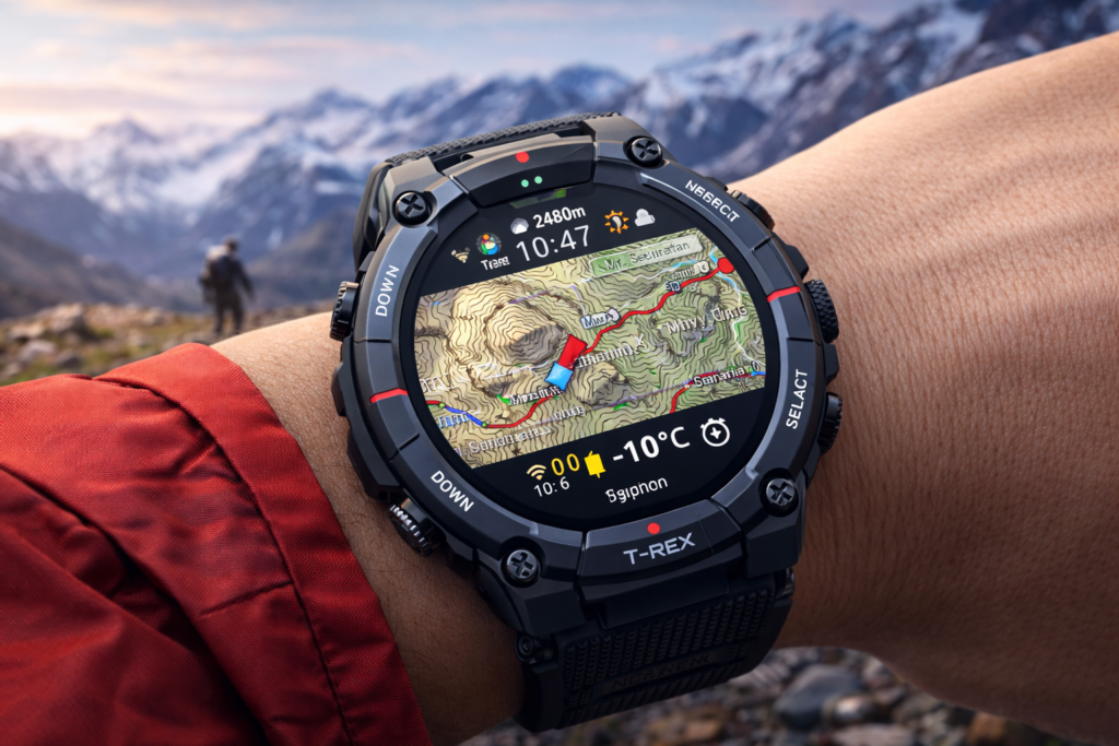 Amazfit T-Rex 3 48mm スマートウォッチ 登山 ヤマレコ ヤマップ アウトドア iPhone Android対応 GPS 6衛星 ミリタリー 超低温動作 3種類オフラインマップ ナビゲーション ルートインポート 170＋スポーツモード 健康管理 気圧高度計 筋力トレーニング 10ATM防水 AIによる音声操作と睡眠/運動管理 水泳 サーフィン (オニキス)