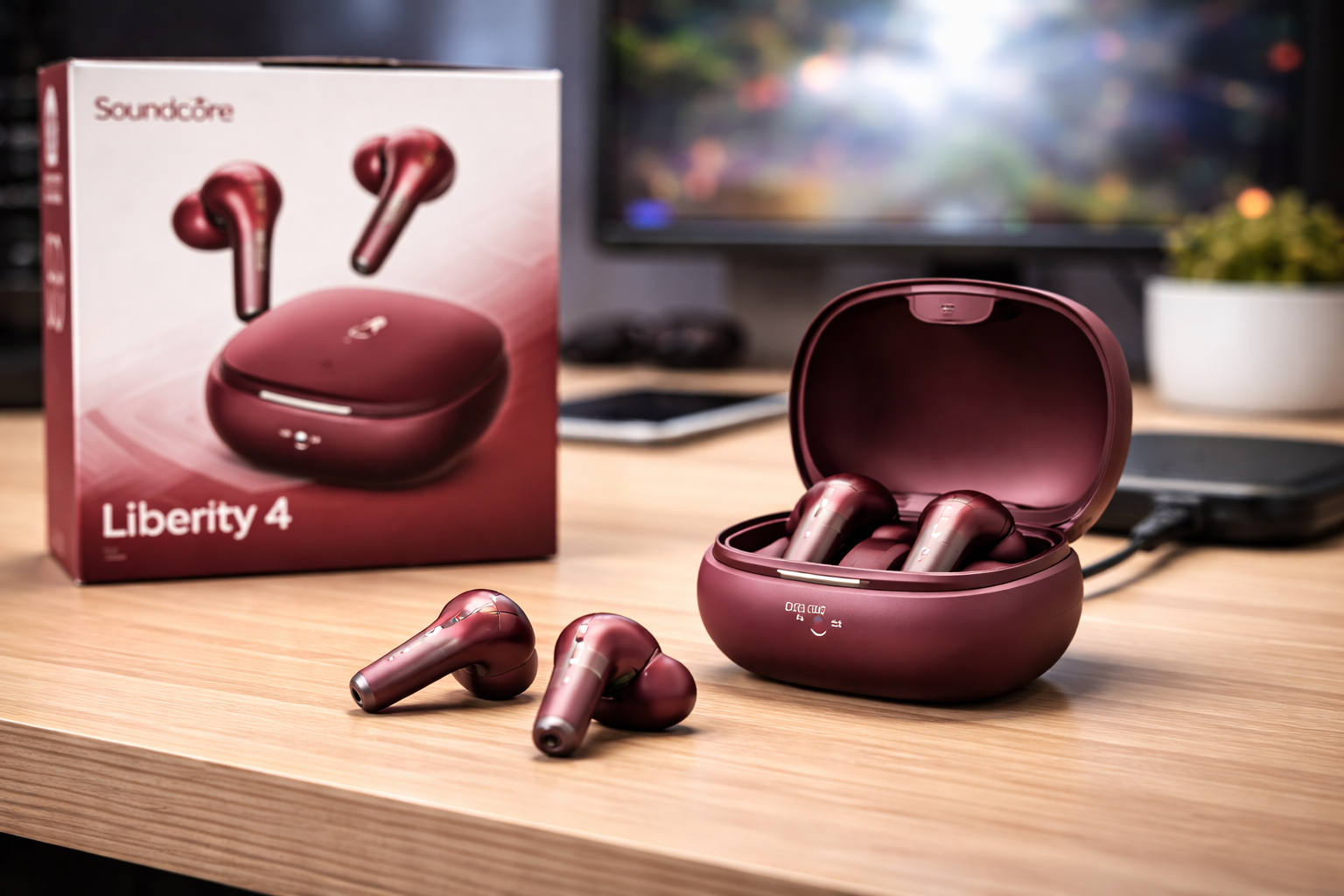 Anker Soundcore Liberty 4（ワイヤレスイヤホン Bluetooth 5.3）【完全ワイヤレスイヤホン/ウルトラノイズキャンセリング 2.0 / 3Dオーディオ / ワイヤレス充電/マルチポイント接続/外音取り込み / 最大28時間再生 / ハイレゾ / IPX4防水規格 / ヘルスモニタリング/PSE技術基準適合】ワインレッド