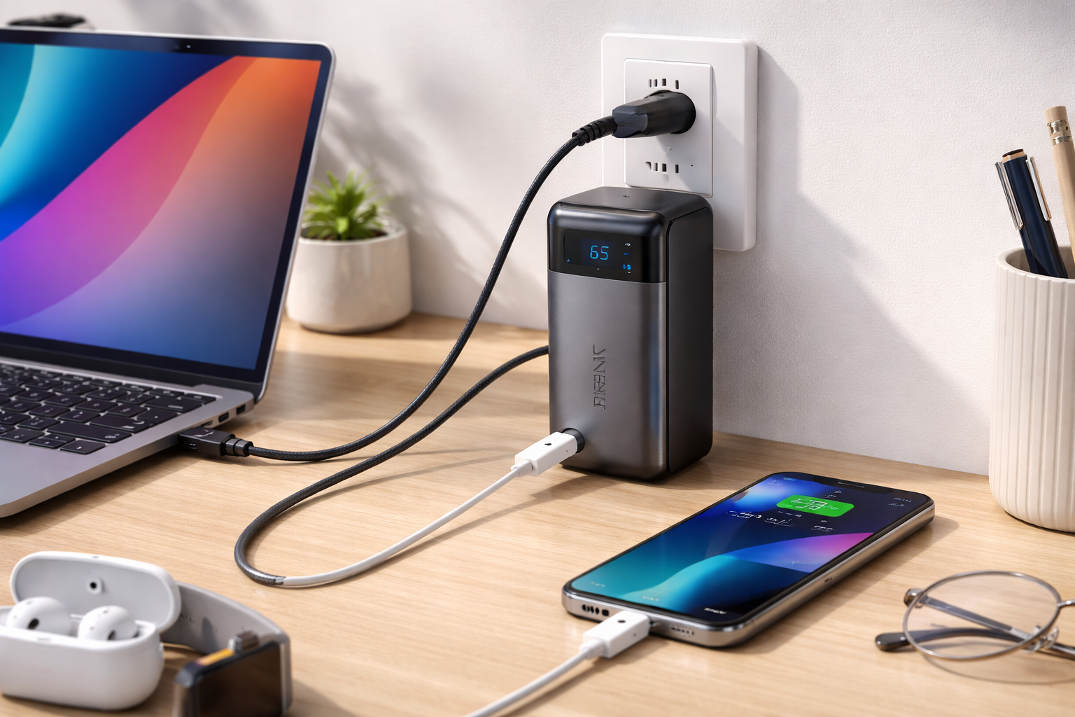 Anker Prime Power Bank (9600mAh, 65W, Fusion) (9600mAh 65W出力モバイルバッテリー搭載 65W出力USB充電器)【独自技術Anker GaN採用/USB Power Delivery対応/PSE技術基準適合/USB-C入力対応 / 65W出力】iPhone MacBook Android その他機器対応