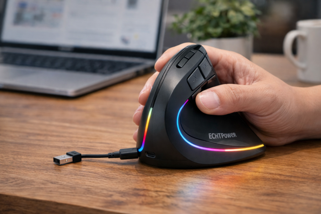 ECHTPower エルゴノミクスマウス ワイヤレス 縦型 無線2.4GHz 静音 ネオンLED 6段階DPI調整 TYPE-C充電式 静音 長時間使用 6ボタン 右手用 人間工学デザイン Windows/MacOS対応 無線マウス