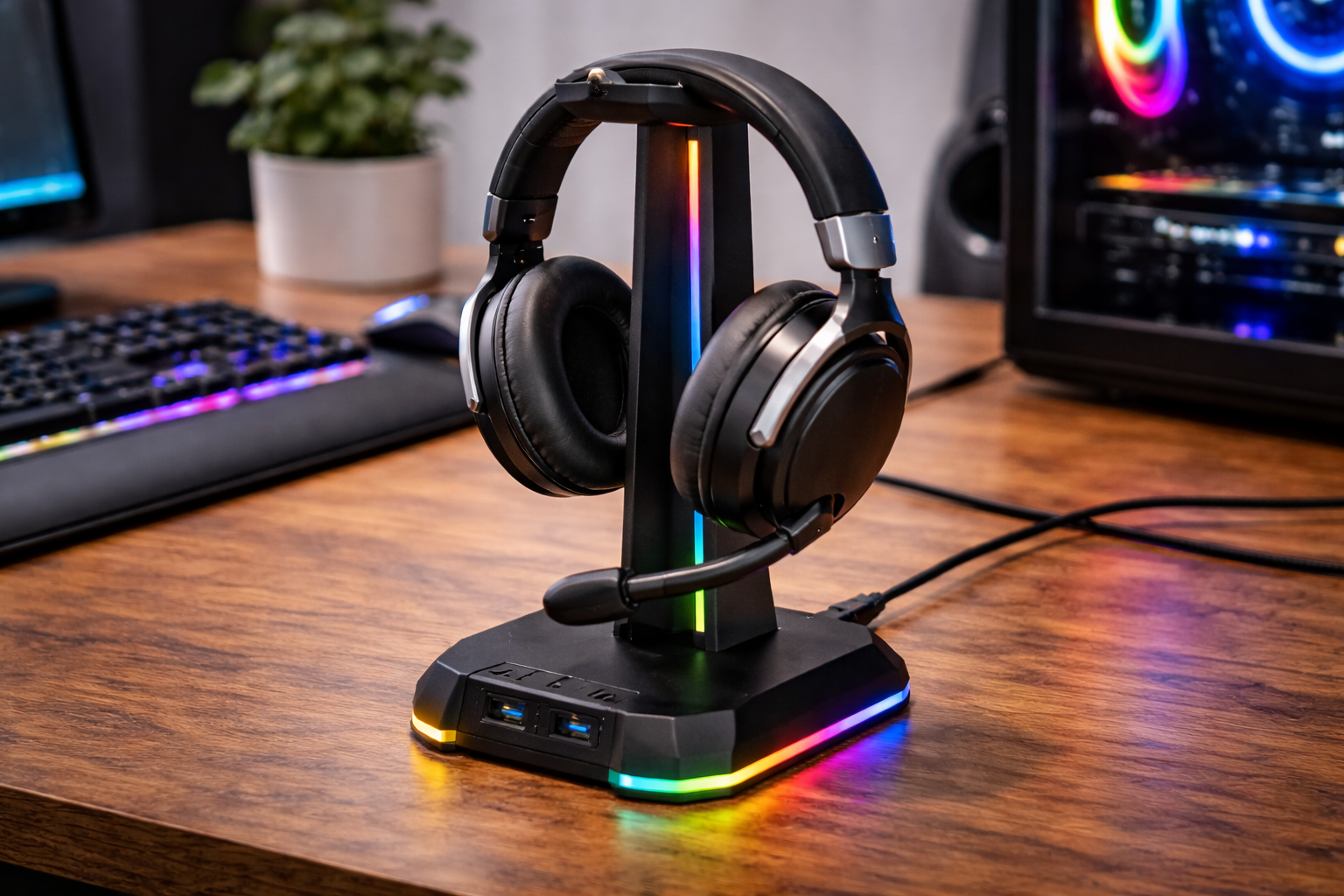 IFYOO RGBゲーム用ヘッドセットスタンド 2つのUSBポート付き ゲームヘッドフォンマウント PC Xbox One PS4 スイッチ イヤホンホルダーハンガー headphone headset stand ハンガー、ファンシーゲームアクセサリー用