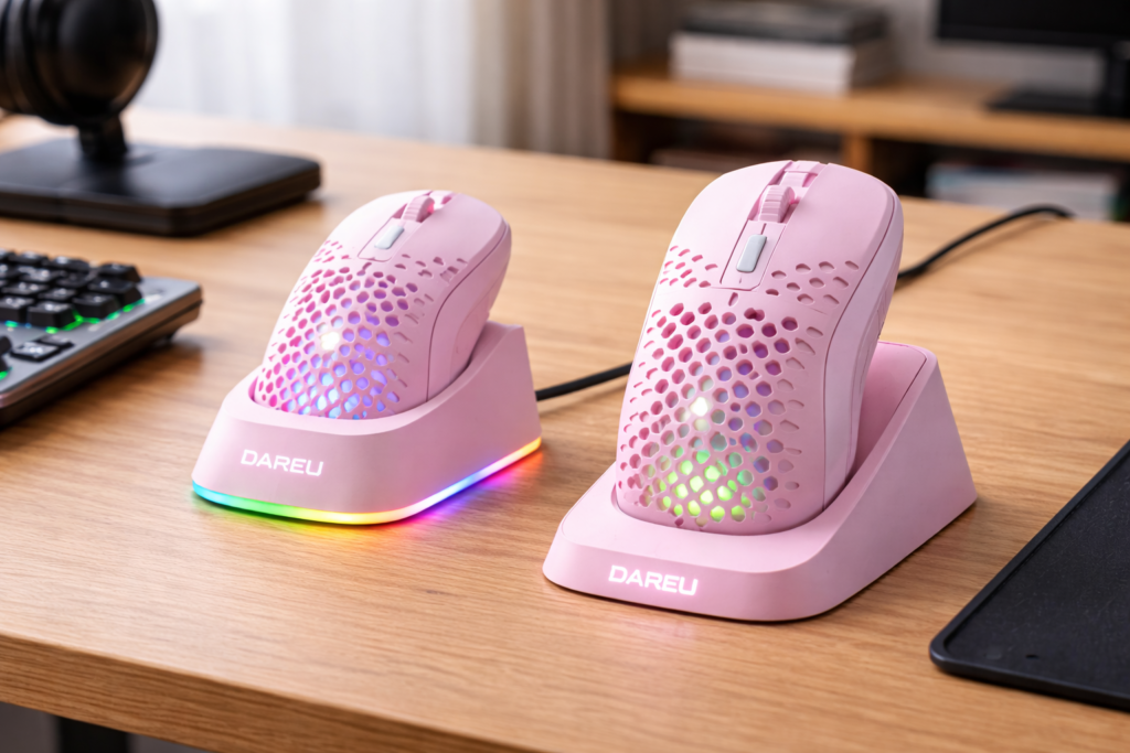DAREU ゲーミングマウス 無線 桜色/ピンク ワイヤレス2.4G/有線USB接続可能 超軽量85g 人間工学 可愛いサクラ 12000DPI 充電ドック付き プログラム可能 EM901X【1年間メーカー保証】