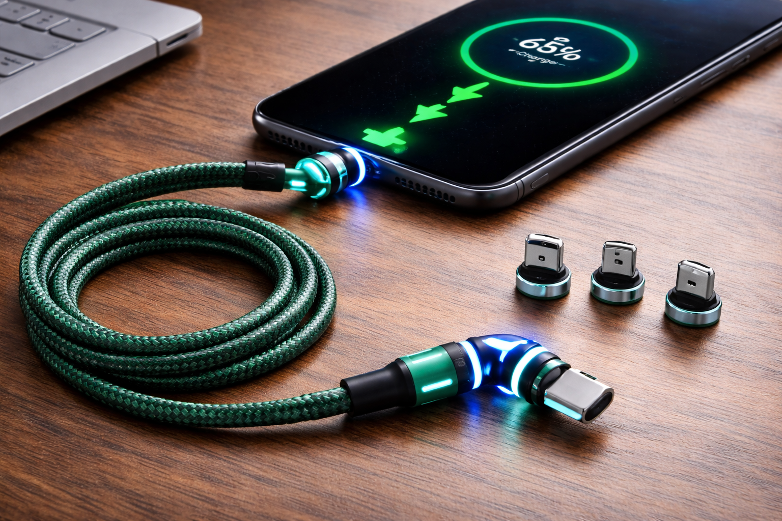 マグネット充電ケーブル 9ピン【1本】 540度(360度+180度)回転 急速充電 【PD-60W対応/20V/3A】データ通信 QC3.0 Type-C Micro USB 磁石 磁気 着脱式 (2M, グリーン)