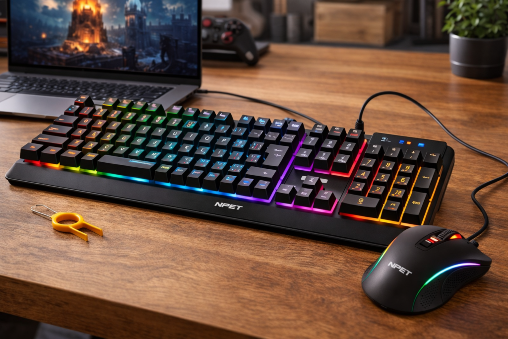 NPET キーボード マウス セット ゲーミング LED バックライト 7色 usb 26キー防衝突角度調節可能 ゲーミングキーボード 日本語配列 4階段DPI 1000/1,600/3,200/6,400 ゲーミングマウス 日本語説明書 キーキャッププーラー付き S20