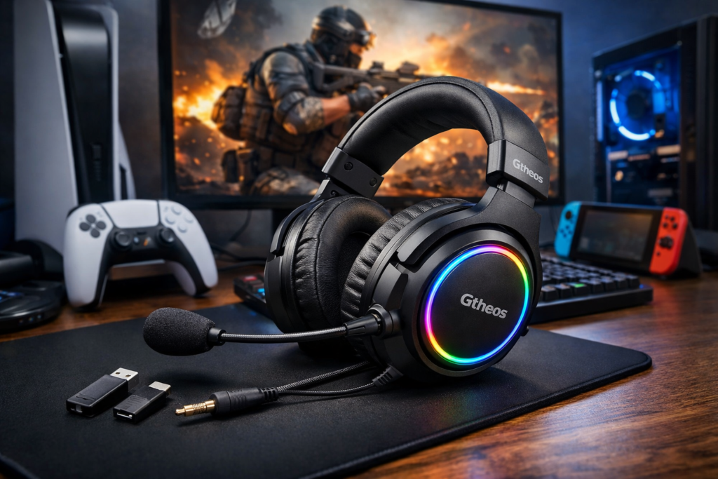 ゲーミングヘッドセット マイク付き PS5 へッドセット ゲーミングヘッドホン ワイヤレス ヘッドホン 4way接続 2.4G USB-A type-C Bluetooth 5.3 有線 25ms超低遅延 70H連続再生 ミュ-ト機能付き 50MMドライバー 重低音 軽量pc ps5 ps4 スマートフォン switch xboxone対応 Gtheos Spark01 black