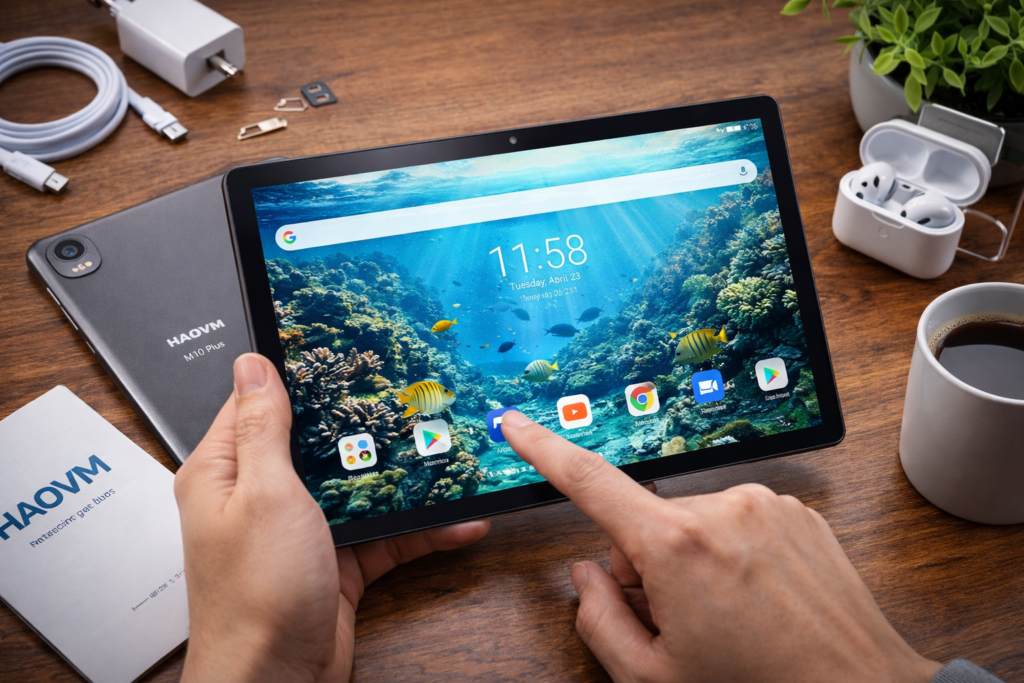 HAOVM M10 Plus タブレット 10インチ wi-fiモデル FHD IPS 1920*1200解像度 2.0GHz 8コアCPU Android タブレット 6000mAh 4GB+64GB+1TB TF拡張 GPS機能付き 顔認証5MP+8MPカメラ 2.4G/5GWiFi BT5.0 無線投影 FMラジオ GMS/PSE認証 OTG 説明書付き