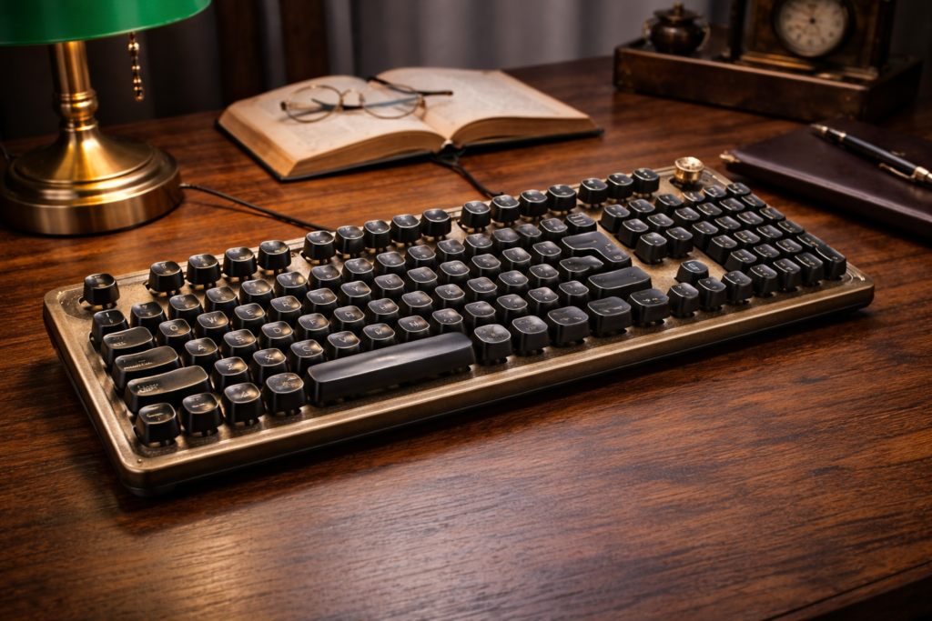 HKW タイプライター風メカニカルキーボード 青軸 JIS配列 109キー USB有線 日本語キーボード (アンティーク)