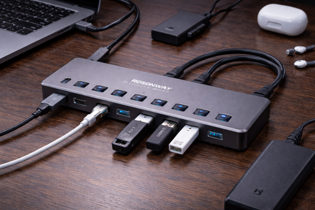 ROSONWAY USB ハブ10Gbps 7ポートUSB C 3.2x2 USB A 3.2x1 USB 3.0x4 2 in 1 ケーブル 付き アルミ製 USB HUB セルフパワーとバスパワー両用 12V 2A 電源 独立スイッチ付き(RSH-A107C)