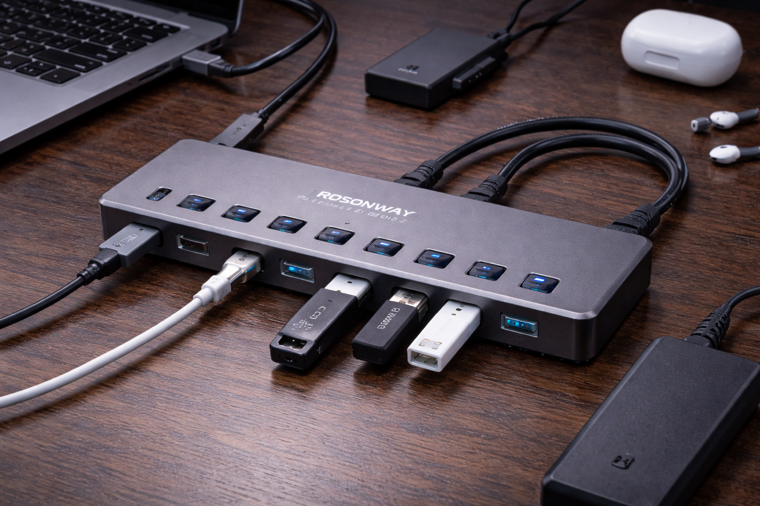 ROSONWAY USB ハブ10Gbps 7ポートUSB C 3.2x2 USB A 3.2x1 USB 3.0x4 2 in 1 ケーブル 付き アルミ製 USB HUB セルフパワーとバスパワー両用 12V 2A 電源 独立スイッチ付き(RSH-A107C)