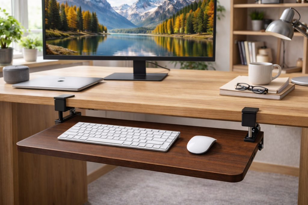 1homefurnit キーボードトレイ デスク 後付け 引き出し 人間工学設計 キーボードスライダー クランプ式 フルーキーボード マウス収納可能 テーブル拡張 取付簡単 幅650mm(クランプを含めて795mm)×奥300mm オフィス/ホーム/学校に適用 ブラウン(木目調) 適格請求書発行可
