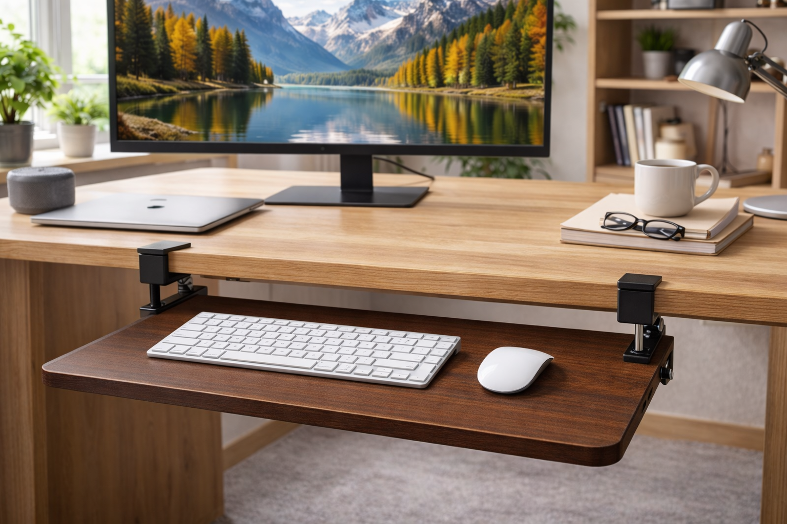 1homefurnit キーボードトレイ デスク 後付け 引き出し 人間工学設計 キーボードスライダー クランプ式 フルーキーボード マウス収納可能 テーブル拡張 取付簡単 幅650mm（クランプを含めて795mm）×奥300mm オフィス/ホーム/学校に適用 ブラウン(木目調) 適格請求書発行可