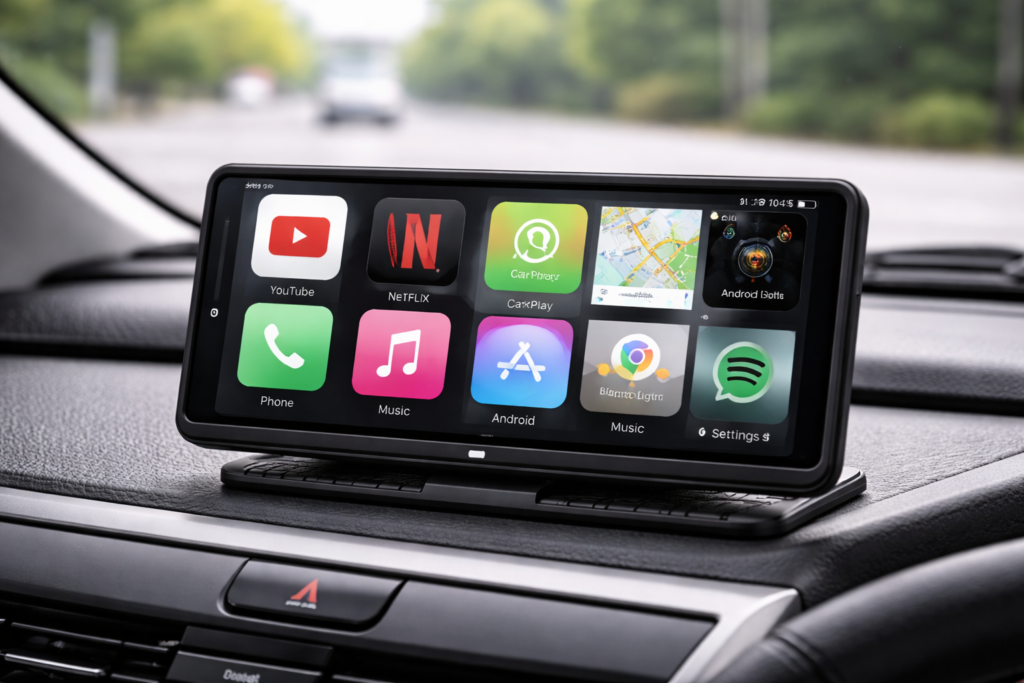 KASUVAR ポータブルディスプレイオーディオ 10.26インチ YouTubeやNetflixが見れる【Androidシステム 8コアCPU 4GB RAM+64GB ROM】 CarPlay&Android Auto&ミラーリング無線対応/1600*600pixels IPSタッチパネル/Bluetooth5.0 BT音楽&通話/2画面分割/リバース連動/音声制御【KAR10W】