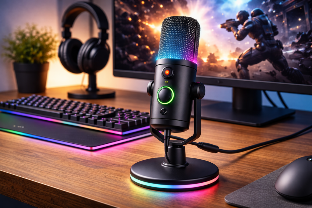 MRSDY ゲーム用マイク PC Mac PS4/5用 USB コンピューターマイク スタジオ録音 YouTube ストリーミング用のコンデンサー型ポッドキャストマイク ヘッドフォンジャック RGB ミュート ゲイン ノイズキャンセリング機能付き