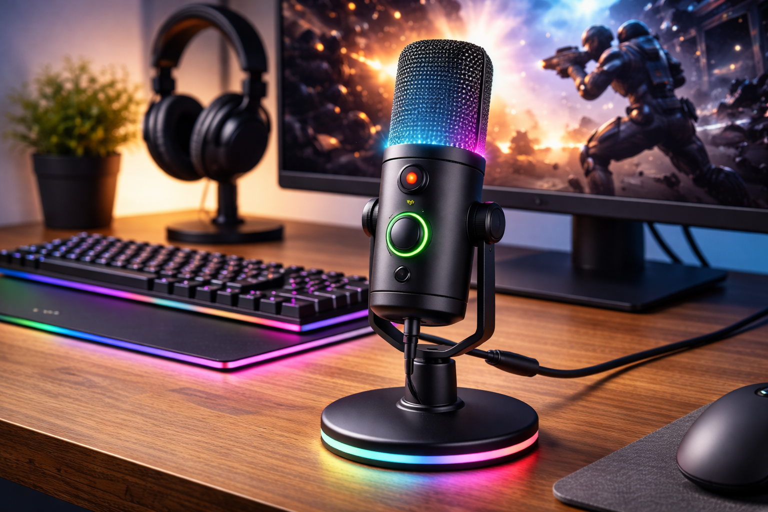 MRSDY ゲーム用マイク PC Mac PS4/5用 USB コンピューターマイク スタジオ録音 YouTube ストリーミング用のコンデンサー型ポッドキャストマイク ヘッドフォンジャック RGB ミュート ゲイン ノイズキャンセリング機能付き