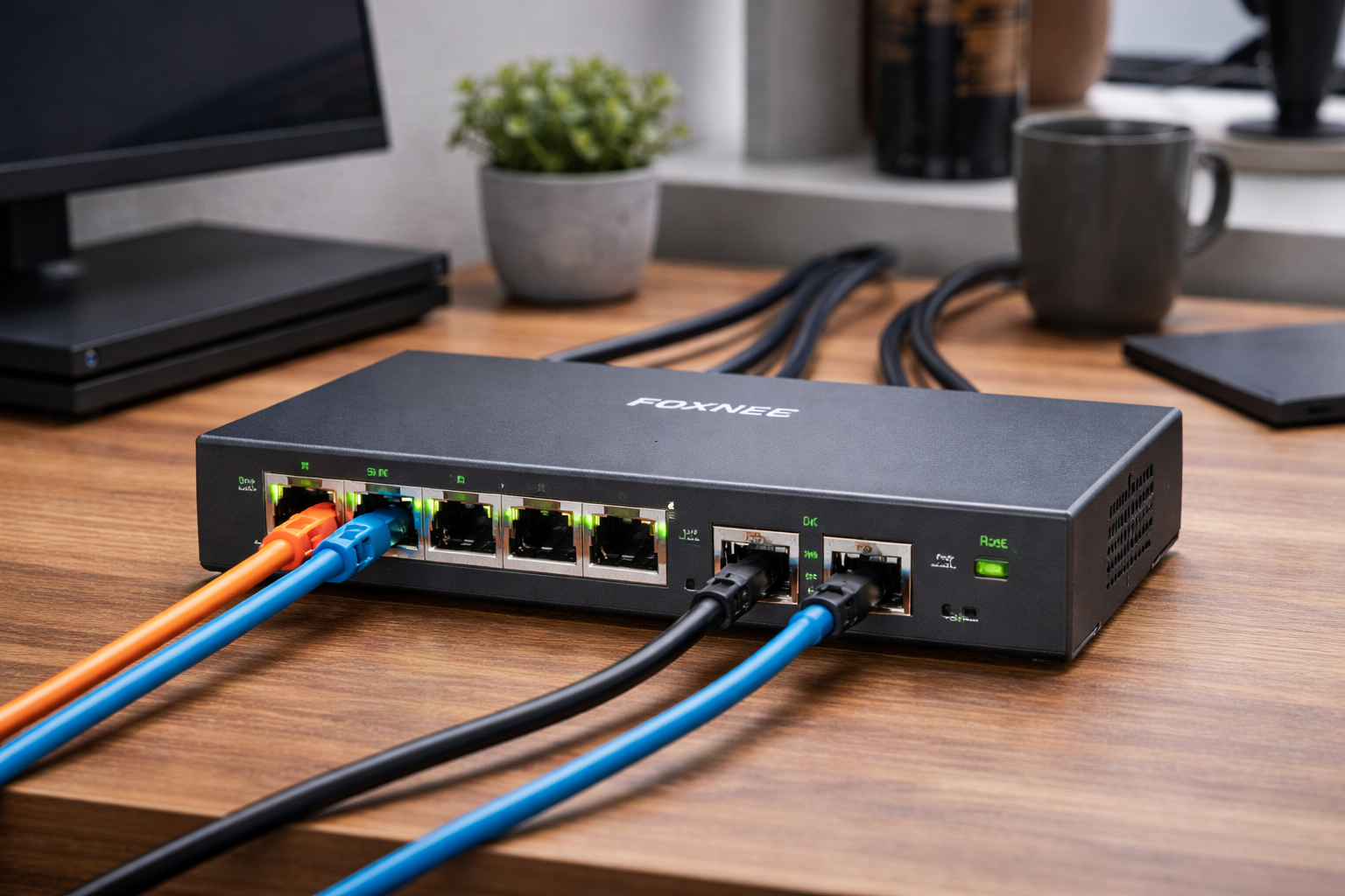 FOXNEO 2.5gbps スイッチングハブ PoE機能搭載 6ポート（4x2.5G RJ45(PoE)と2x10G SFP+）各ポート最大30W 総合75W対応 個人や家庭向けのスイッチングハブ 静音ファンレス設計 デスクトップや壁掛け設置可能 金属筐体 プラグアンドプレイ アンマネージド スイッチングハブ