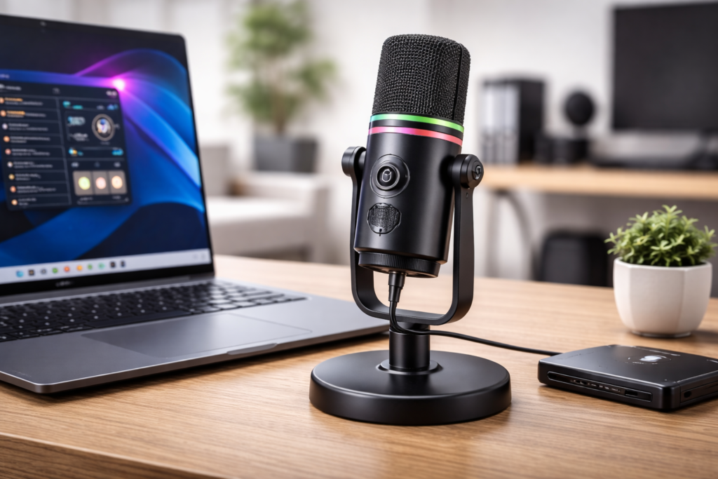 Comica ワイヤレス USB マイク コンピューターとスマートフォン用, 48kHz/24bit RGB カーディオイド コンデンサー ゲーミング マイク ポッドキャスティング、ストリーミング、録音、音楽制作用,デスクトップ スタンド付き、ブラック (Uni Pro D)