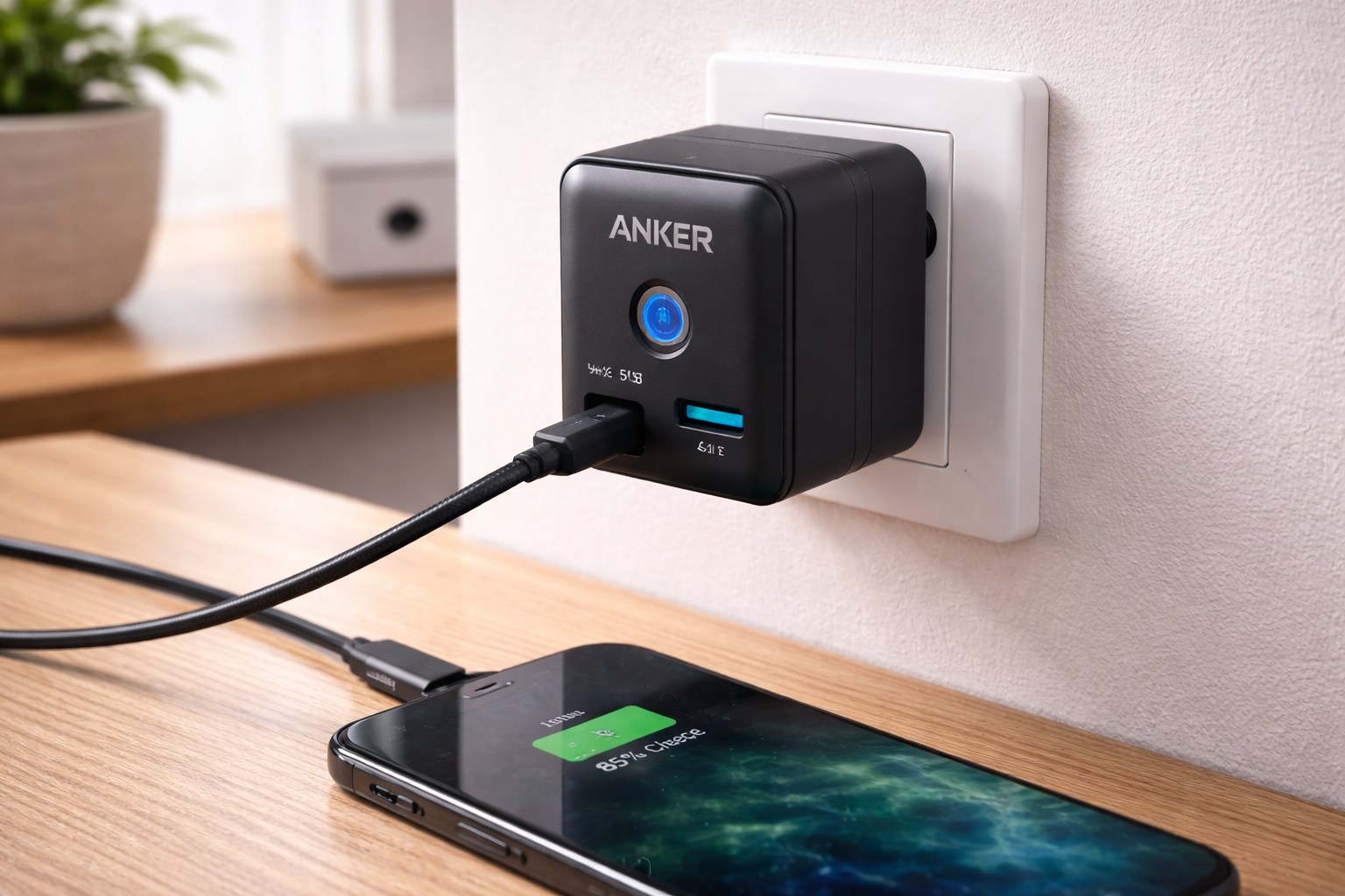 Anker 521 Power Bank (PowerCore Fusion, 45W) (5000mAh 20W出力モバイルバッテリー搭載 45W出力USB充電器) / コンセント一体型/PSE認証済/PowerIQ 3.0 (Gen2) 搭載/USB PD対応/折りたたみ式プラグ (ブラック)