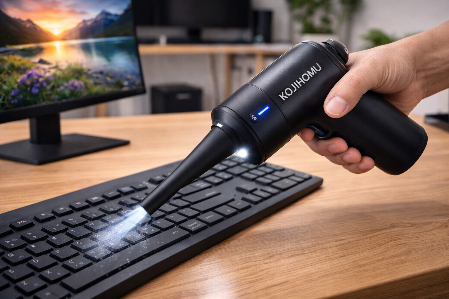 KOJIHOMU エアダスター ブロワー 洗車 【超小型で爆風】電動エアダスター 4段階風量調整 超強力 最大風速52m/s 5000mAh大容量バッテリー 充電式 エアダスター LEDライト付き PC掃除/空気入れ/キーボード/エアコン/洗車用 TypeC急速充電