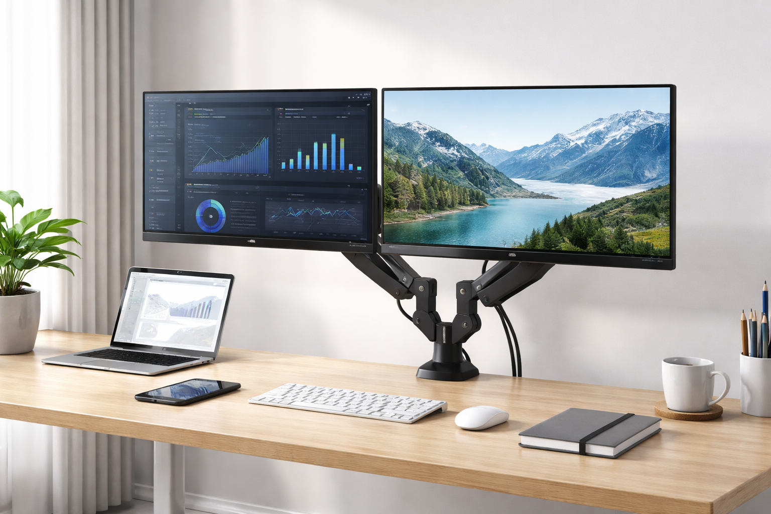 HUANUO (ファーノー) モニターアーム デュアル USBポート付き 13～35インチ対応 耐荷重2～12kg ガススプリング式 ディスプレイアーム PCアーム 2画面 グロメット式＆クランプ式 VESA75*75/100*100 多角度調節 ケーブル収納 HNDS7