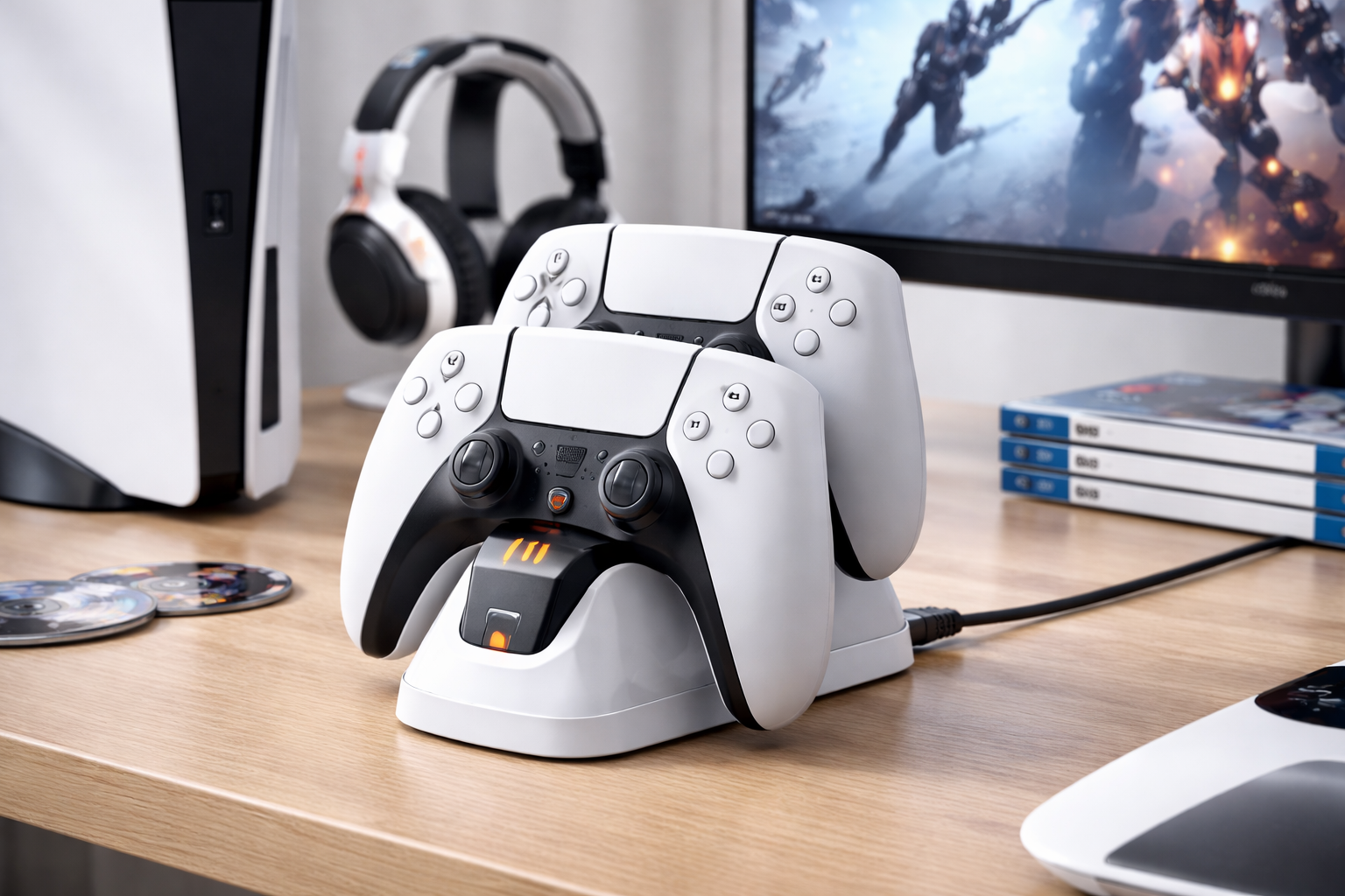 NEWDERY PS5 コントローラー 充電スタンド 収納スタンド 急速充電 置くだけ充電 ps5コントローラー 周辺機器 アクセサリ USB-Cケーブル付属 LED指示ランプ付き 過充電防止 コンパクト 軽量 ホワイト