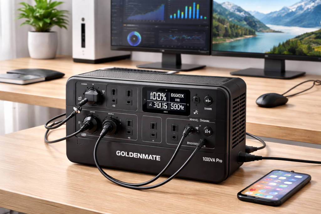 GOLDENMATE 無停電電源装置 UPS 1000VA Pro/600W リン酸鉄リチウムイオン電池採用 153Wh 常時商用給電 正弦波 ネットワーク機器 通信システム ホームオフィス 家庭用の高効率バックアップ電源 8ポート ブラック