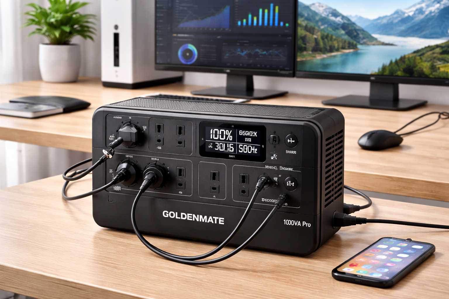 GOLDENMATE 無停電電源装置 UPS 1000VA Pro/600W リン酸鉄リチウムイオン電池採用 153Wh 常時商用給電 正弦波 ネットワーク機器 通信システム ホームオフィス 家庭用の高効率バックアップ電源 8ポート ブラック