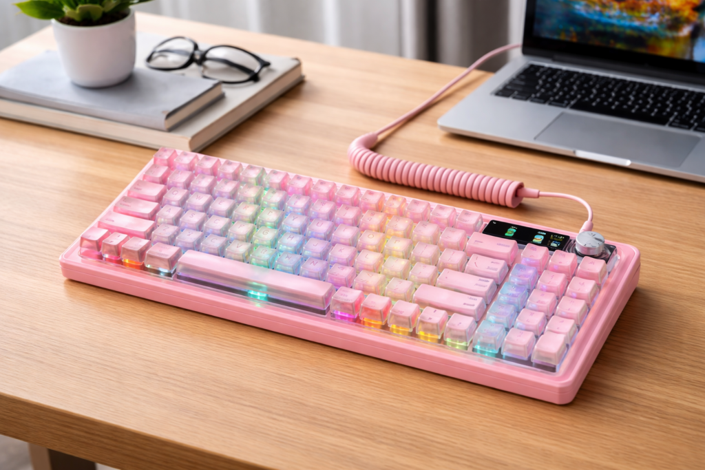OUSEITECH F98pro ゲーミングキーボード 透明キーボード ホットスワップメカニカルキーボード テンキーキーボード ワイヤレス ピンク 透明キーキャップ RGBバックライト 95キー Android/OS/Mac/Windows対応 BT5.0/2.4G/USB-C OLED搭載 (PINK リニア軸)