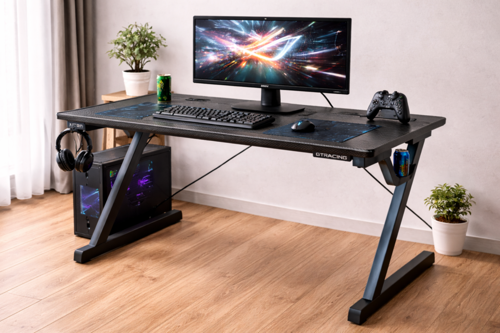 GTRACING ゲーミングデスク ゲームテーブル モニターアーム対応 保護マット付き 炭素繊維天板 Z字脚 頑丈なフレーム 耐荷重110KG フック/配線穴付き 組立簡単 新開発作品 幅120cm×奥行60cm×高さ73cm Z09-BLE