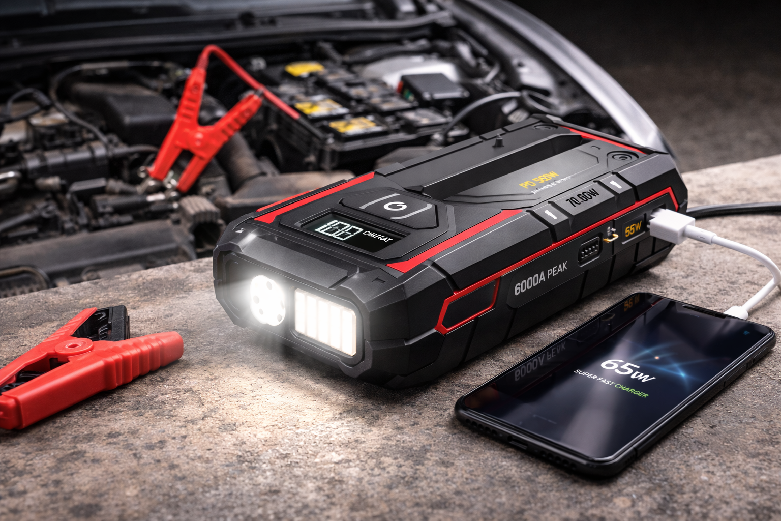 ジャンプスターター 6000Aピーク電流 PD 65W急速充電 12V車用エンジンスターター 27000mAh大容量 全種類のガソリン車/12.0Lディーゼル車対応 600ルーメン非常灯 10種保護付きバッテリー ジャンプスターター PSE認証済