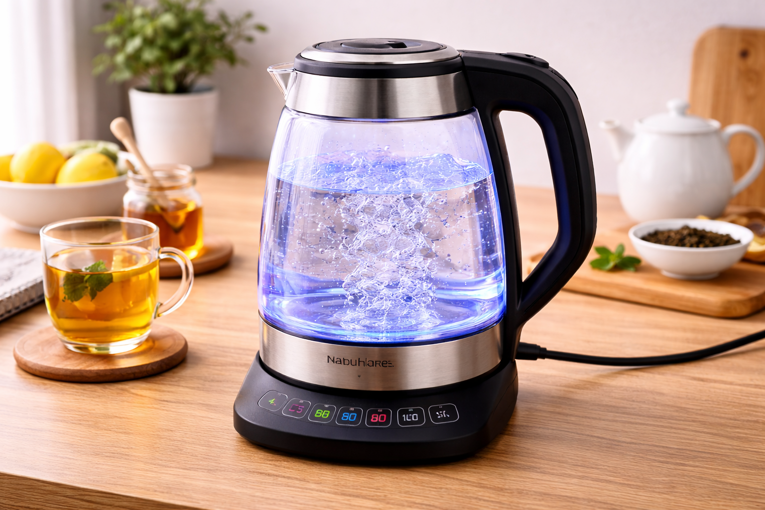 Nafuhare 電気ケトル 電気ポート ガラス 1.7L 1200W 【5色LEDライト付】 5段階温度調節 保温機能 空だき防止 自動電源オフ 大容量 光るケトル 湯沸かしケトル