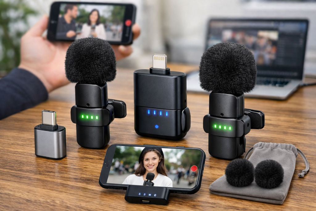 BILIWAL ピンマイク ワイヤレス iPhone5~14/iPad/PC対応 2人同時使用 瞬時接続 5X LED指示灯搭載 ノイズ軽減 音画同期 9時間連続使用 360°集音 360°回転可能 クリップ式 超ミニマイク Vlog撮影/動画配信/生放送/ASMR/TikTok用 USB変換器+収納袋＋防風毛ヘッド2個付き（受信機:Lightning端子）