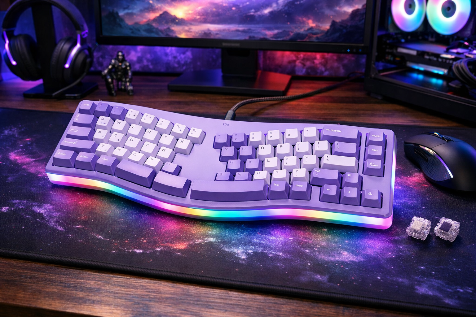 AKS068 ゲーミングキーボード アリスレイアウト 68キーアンチゴーストキー Gasket構造 ホットスワップ可能 人間工学 南向きのRGBバックライト 両側RGBライトPBTキーキャップ Type-C有線 Windows Vista/XP/7/8/10/11、Mac対応(purple)