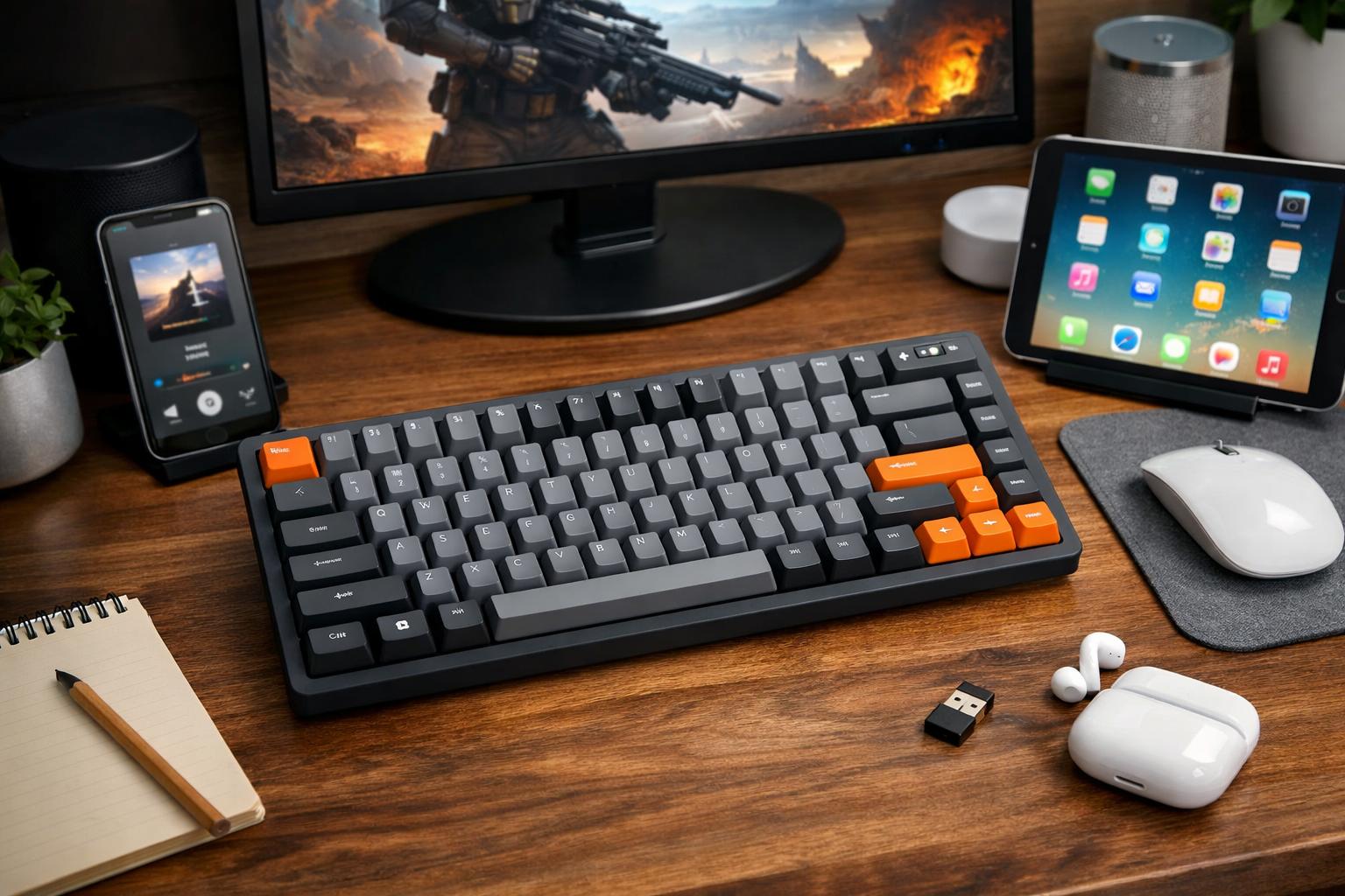 MAMBASNAKE+ZiYouLang M87 ゲーミングキーボード ワイヤレス Bluetooth/2.4GHz 80% 87キー メンブレン式 テンキーレス コンパクトキーボード 快速接続 最大3台マルチペアリング対応 静音 軽量化 無線 小型 iPad Windows Mac iOS Android 対応 グレーオレンジ